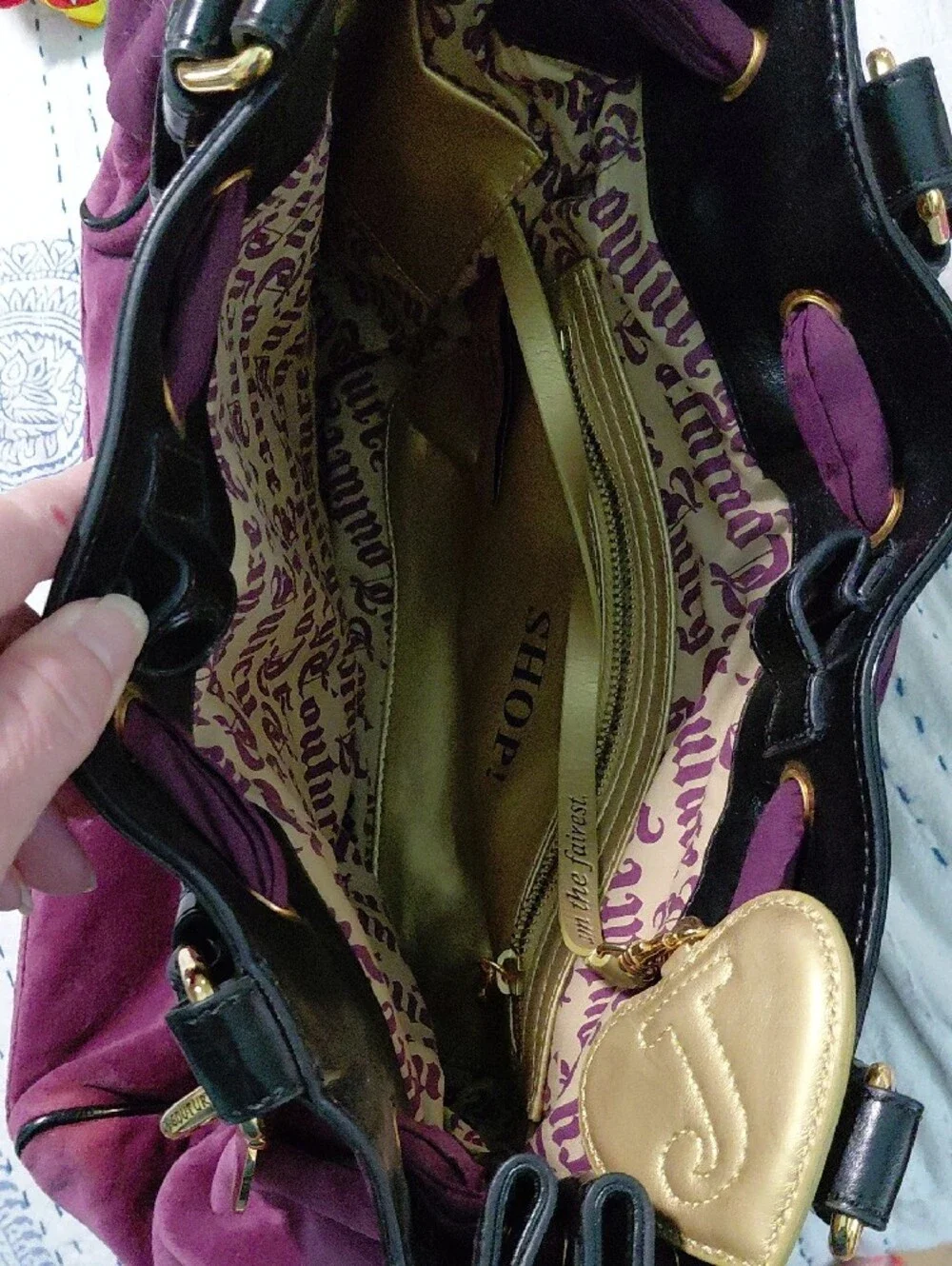Vintage Juicy Couture Plum Suede Tote with Gold Heart Charms
